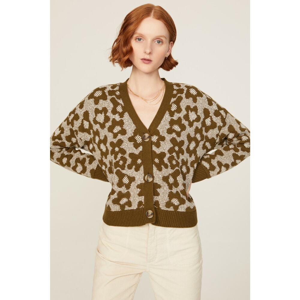 Madewell Cropped Leighton Brown Floral Knit Button Up Cardigan Sweater Size XS